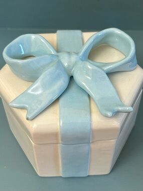 Ceramic Jewelry Trinket Box with Light Blue Bow Accents